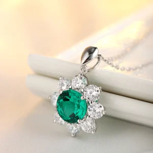 Round Lab Grown Emerald  with halo Design Pendant Necklace Jewelry Gifts for Women Birthday Mother's Day Gift
