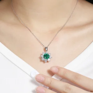 Round Lab Grown Emerald  with halo Design Pendant Necklace Jewelry Gifts for Women Birthday Mother's Day Gift