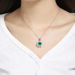 Round Lab Grown Emerald  with halo Design Pendant Necklace Jewelry Gifts for Women Birthday Mother's Day Gift