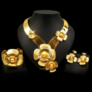 Zhuerrui Luxury Flower Dubai Jewelry Set Good Quality Electroplated Gold Copper Jewellery Sets Fashion Mother's Day Gift NH00035