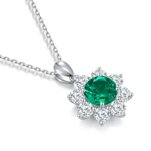 Round Lab Grown Emerald  with halo Design Pendant Necklace Jewelry Gifts for Women Birthday Mother's Day Gift