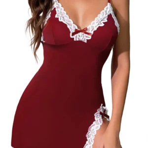 Lingerie for Women Sexy Night Gowns Lace Trim Sleep Dress V Neck Babydoll Chemise Dress Side Split Nighty