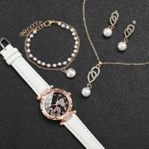 4pcs/set Women's Shiny Rhinestone Quartz Watch Analog PU Leather Wrist Watch  Faux Pearl Jewelry Set Girls Gift（Without Box）