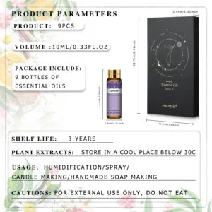 9pcs Essential Oils Set 10ml Pure Natural Gift Set Kit for HumidifIer Diffuser Candles making DIY Soap Aroma Oil for Skin Care