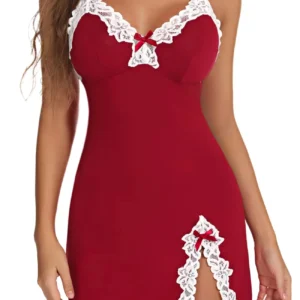 Sexy Sleepwear Women Lace Silk Satin V-Neck Nightgown Split Hem Soft Lingerie Night Dress Sleeveless Sleepwear Female Clothes