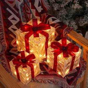 3pcs Lighted Gift Boxes Decorations, Decorative Boxes, Christmas Tree Skirt Ornament 
