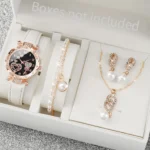 4pcs/set Women’s Shiny Rhinestone Quartz Watch Analog PU Leather Wrist Watch  Faux Pearl Jewelry Set Girls Gift（Without Box）