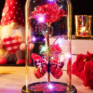 Mothers Day Rose Gifts for Mom, Galaxy Glass Rose Forever Eternal Crystal Flower Light Up Rose in Glass Dome with Butterfly Moth
