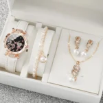 4pcs/set Women’s Shiny Rhinestone Quartz Watch Analog PU Leather Wrist Watch  Faux Pearl Jewelry Set Girls Gift（Without Box）