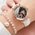 4pcs/set Women’s Shiny Rhinestone Quartz Watch Analog PU Leather Wrist Watch  Faux Pearl Jewelry Set Girls Gift（Without Box）