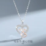LinkerLove S925 Sterling Silver Mom Double Heart Pendant Necklace for Women Choker Necklace Fine Jewelry Gift for Mothers Day