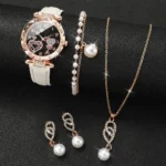 4pcs/set Women’s Shiny Rhinestone Quartz Watch Analog PU Leather Wrist Watch  Faux Pearl Jewelry Set Girls Gift（Without Box）