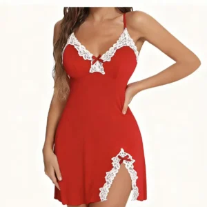 Sexy Sleepwear Women Lace Silk Satin V-Neck Nightgown Split Hem Soft Lingerie Night Dress Sleeveless Sleepwear Female Clothes