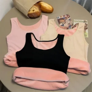 Women'S Winter Thermal Underwear Top Seamless Plus Velvet Shirt Sleeveless Vest Warm Female Undershirt Solid Color Sexy Lingerie