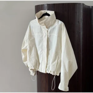 Women's Short Trench Coats Fashion Simple Design Solid Stand Long Sleeve Zipper Windbreaker 2025 Autumn New Casual Lady Jacket