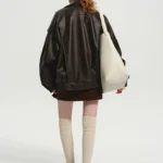Lautaro Spring Autumn Cool Brown Oversized Pu Leather Jacket Women Long Sleeve Zip Up Luxury Designer American Retro Clothing