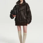 Lautaro Spring Autumn Cool Brown Oversized Pu Leather Jacket Women Long Sleeve Zip Up Luxury Designer American Retro Clothing