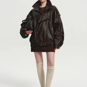 Lautaro Spring Autumn Cool Brown Oversized Pu Leather Jacket Women Long Sleeve Zip Up Luxury Designer American Retro Clothing