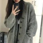 New Preppy Style Women’s Knit Sweater Cardigan Loose Fit V-neck Versatile Solid Color Korean Version Pullovers