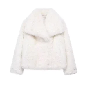 HH Women Fashion Cropped Faux Fur Jacket Coat Long Sleeve Front Snap-button Female Outerwear Chic Lapel Collar Thick Coat