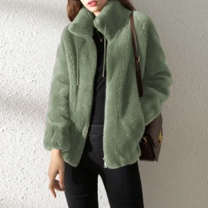 Women Autumn Winter Faux Fur Coats Zipper Cardigan Plush Thick Warm Coat Loose Oversized Outerwear Female Coral Fleece Overcoat