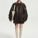 Lautaro Spring Autumn Cool Brown Oversized Pu Leather Jacket Women Long Sleeve Zip Up Luxury Designer American Retro Clothing