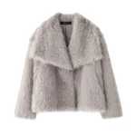 HH Women Fashion Cropped Faux Fur Jacket Coat Long Sleeve Front Snap-button Female Outerwear Chic Lapel Collar Thick Coat