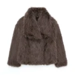 HH Women Fashion Cropped Faux Fur Jacket Coat Long Sleeve Front Snap-button Female Outerwear Chic Lapel Collar Thick Coat