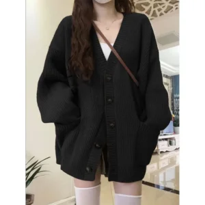 Loose Cardigan Women Long Sleeve V-neck Knitted Black Slouchy All-match Female Autumn Winter Coats Korean Style Chic Baggy Tops