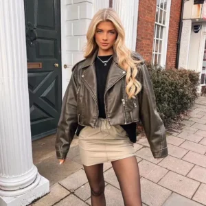 New Coal graysty le Women's washed leather jacket with belt, short coat with downgraded zipper and vintage lapel jacket