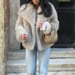 HH Women Fashion Cropped Faux Fur Jacket Coat Long Sleeve Front Snap-button Female Outerwear Chic Lapel Collar Thick Coat