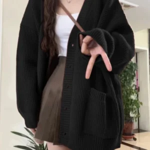 Loose Cardigan Women Long Sleeve V-neck Knitted Black Slouchy All-match Female Autumn Winter Coats Korean Style Chic Baggy Tops