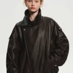 Lautaro Spring Autumn Cool Brown Oversized Pu Leather Jacket Women Long Sleeve Zip Up Luxury Designer American Retro Clothing