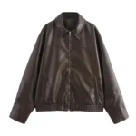 KONDALA 2026 Spring Summer Brown Business Casual Faux Leather Women Jackets Chic Valentine‘s Day Spliced Zipper Ladies Jackets