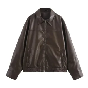 KONDALA 2026 Spring Summer Brown Business Casual Faux Leather Women Jackets Chic Valentine‘s Day Spliced Zipper Ladies Jackets