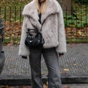 HH Women Fashion Cropped Faux Fur Jacket Coat Long Sleeve Front Snap-button Female Outerwear Chic Lapel Collar Thick Coat