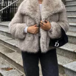 HH Women Fashion Cropped Faux Fur Jacket Coat Long Sleeve Front Snap-button Female Outerwear Chic Lapel Collar Thick Coat