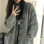 New Preppy Style Women’s Knit Sweater Cardigan Loose Fit V-neck Versatile Solid Color Korean Version Pullovers