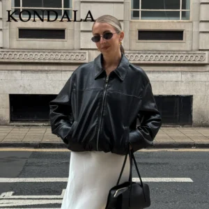 KONDALA 2026 Spring Summer Brown Business Casual Faux Leather Women Jackets Chic Valentine‘s Day Spliced Zipper Ladies Jackets