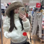 Women Autumn Winter Fur Collar Cotton Coat Women Warm Thicken Hooded Cotton Padded Jacket Women Short Parkas Outwear