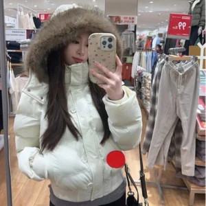 Women Autumn Winter Fur Collar Cotton Coat Women Warm Thicken Hooded Cotton Padded Jacket Women Short Parkas Outwear