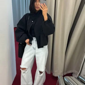 Women's Short Trench Coats Fashion Simple Design Solid Stand Long Sleeve Zipper Windbreaker 2025 Autumn New Casual Lady Jacket