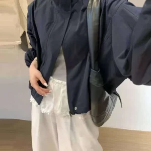 Women's Short Trench Coats Fashion Simple Design Solid Stand Long Sleeve Zipper Windbreaker 2025 Autumn New Casual Lady Jacket