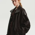 Lautaro Spring Autumn Cool Brown Oversized Pu Leather Jacket Women Long Sleeve Zip Up Luxury Designer American Retro Clothing