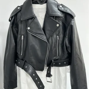 New Coal graysty le Women's washed leather jacket with belt, short coat with downgraded zipper and vintage lapel jacket