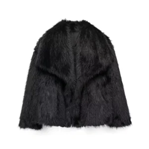 HH Women Fashion Cropped Faux Fur Jacket Coat Long Sleeve Front Snap-button Female Outerwear Chic Lapel Collar Thick Coat