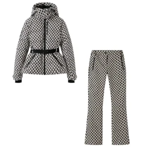 Women's Winter Hooded Padded Sport Parkas Pants 2 PCS Set Belt Female Elegant Warm Windproof Skiing Coats Jackets Trousers
