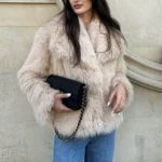 HH Women Fashion Cropped Faux Fur Jacket Coat Long Sleeve Front Snap-button Female Outerwear Chic Lapel Collar Thick Coat
