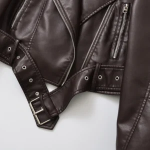 Ailegogo New Spring Autumn Women Vintage Loose Belt Faux Leather Jacket Streetwear Female Retro Moto Biker Coat Outwear
