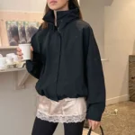 Outdoor Anorak Jacket Windbreaker with Drawstring Hood Stand Collar Loose Fit Water Resistant Parka Coat